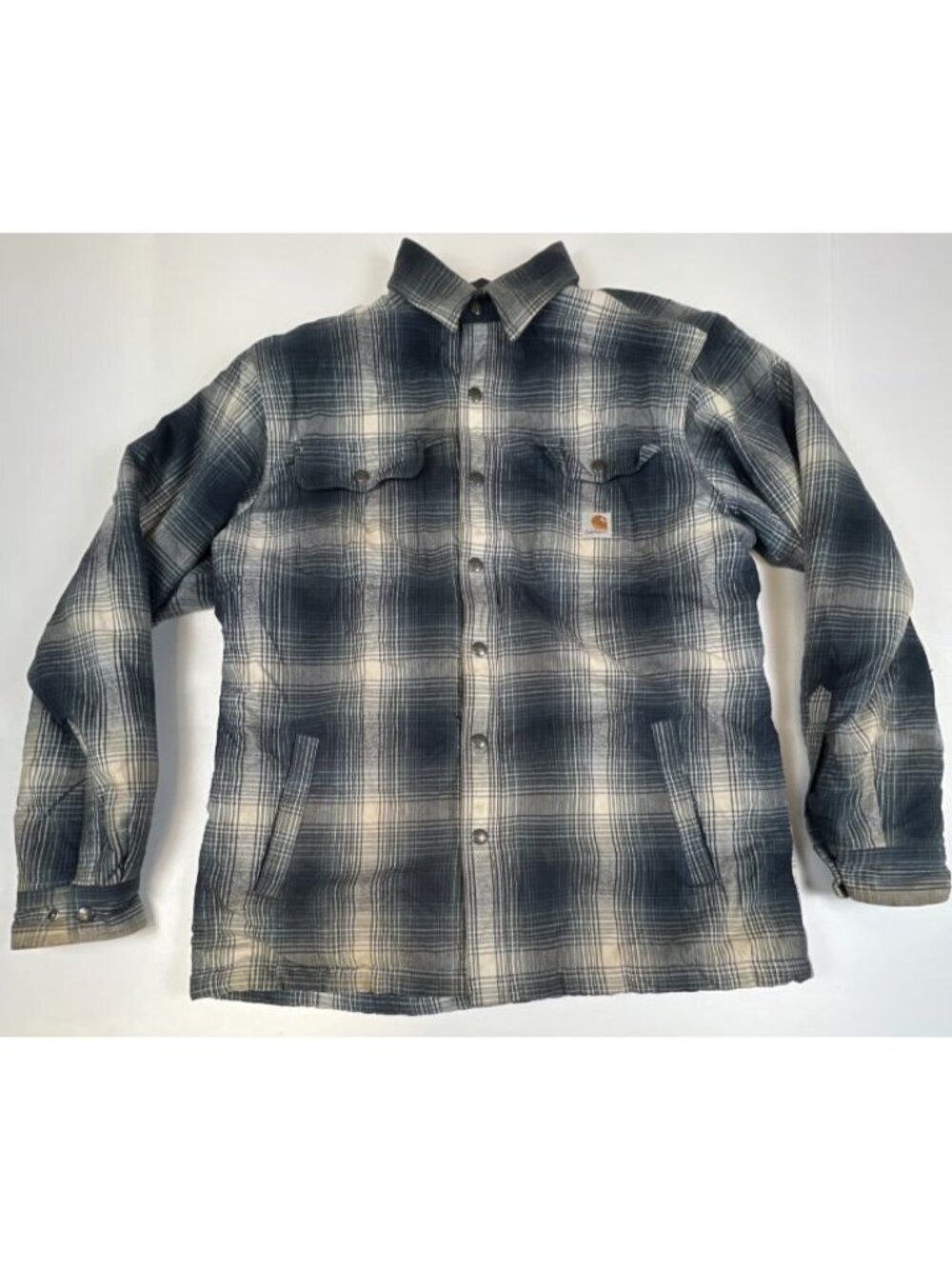 Carhartt Mens L Sherpa Lined Plaid Flannel Shirt Jacket Blue Gray Work Shacket